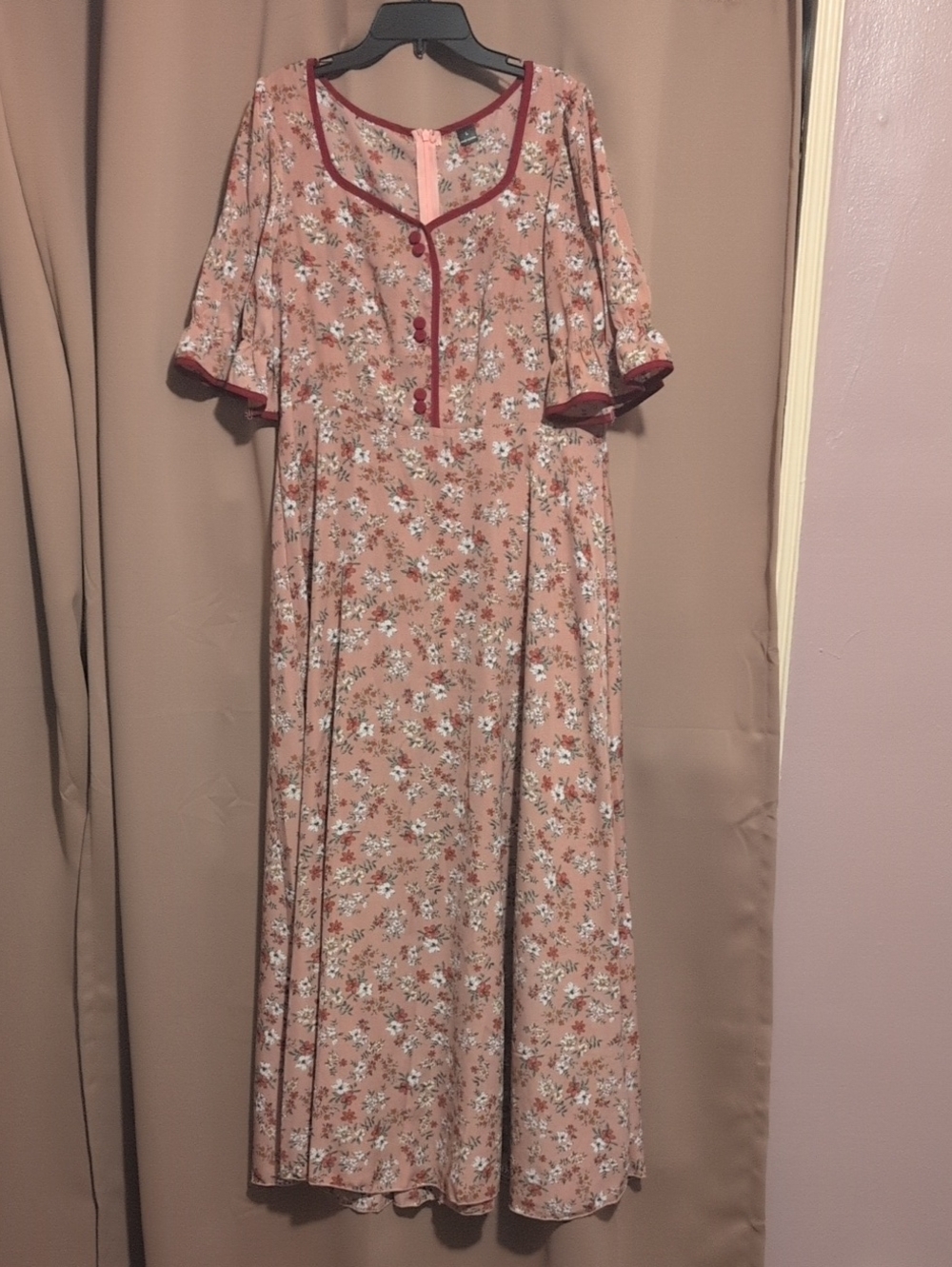 Floral Pink Maxi Dress with Burgundy Trim